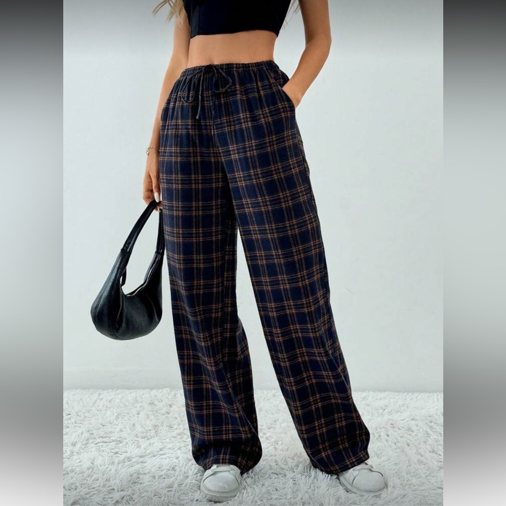 SHEIN Flannel Plaid Drawstring Pajama Pants